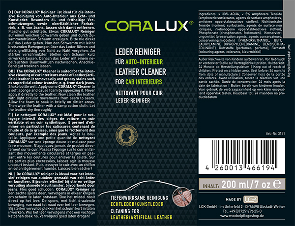 CORALUX® Leder Reiniger für Auto-Interieur 3