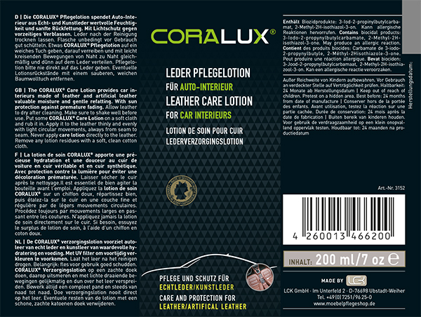 CORALUX® Leder Pflegelotion für Auto-Interieur 3